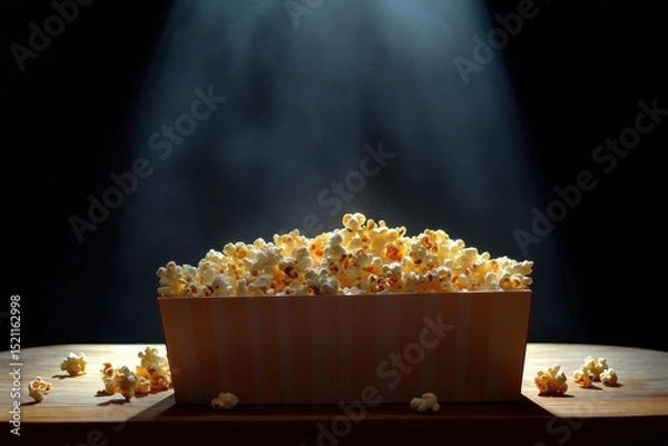 Obraz Dinner And A Movie. Popcorn and Clapper on Wooden Table in Cinema concept