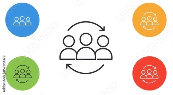 Fototapeta Group of people line icons with arrows on colorful circles