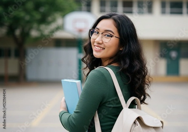Fototapeta Smiling Asian college student with books walks through schoolyard at campus