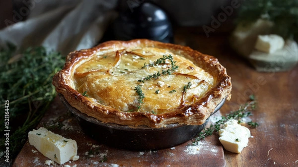 Fototapeta Golden brown chicken pot pie with fresh thyme on rustic wooden table.