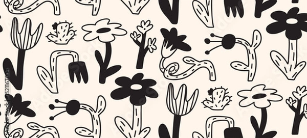 Obraz Seamless Doodle Pattern with Hand Drawn Flowers Tulips Cactus and Botanical Elements. Black Childlike Crayon Style Floral Composition. Vector Illustration.