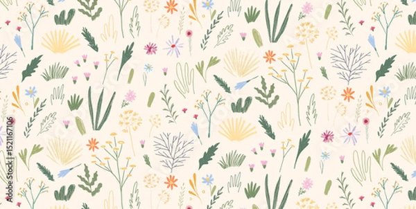 Fototapeta Seamless botanical doodle pattern with wild meadow herbs, grass and flowers. Pastel colored hand drawn plants and floral sketches on light background. Vector repeat ornament.