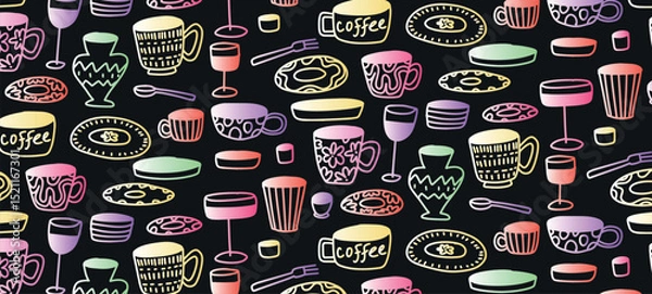Obraz Gradient Seamless Pattern with Coffee Cups Plates Wine Glasses Vases Cutlery. Neon Doodle Tableware Set on Black Background. Hand Drawn Crayon Style Vector Illustration.