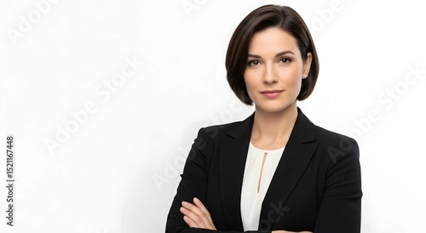 Fototapeta A confident businesswoman in a professional suit poses with a serious and engaging expression, ready for any business challenge or professional opportunity.