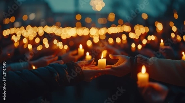 Fototapeta A crowd of people holding lit candles gathered together in a peaceful and solemn candlelight vigil symbolizing shared moments of reflection remembrance and solidarity