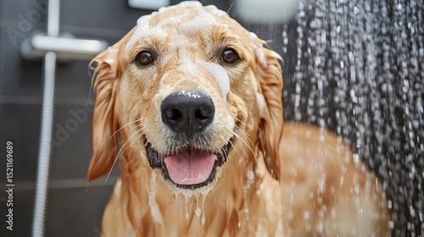 Fototapeta Golden Retriever Dog In A Grooming Salon Is Taking A Shower Generative Ai