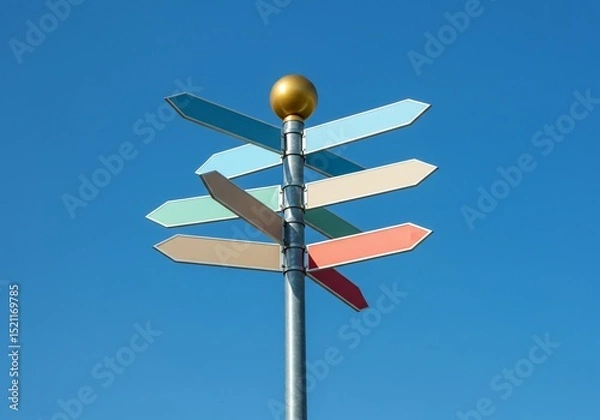 Fototapeta Signpost shows directions against a cloudless sky, useful for navigation, tourism