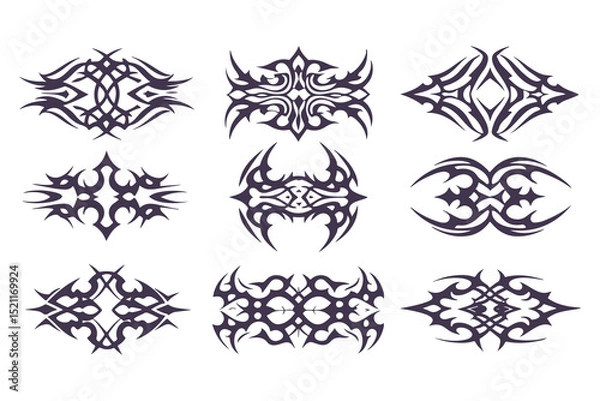 Fototapeta Abstract Tribal Tattoo Design Set. Bold Symmetrical Black Line Art in 3x3 Grid with Animal, Wing, Flame, and Abstract Motifs for Tattoos and Decor. Vector Illustration