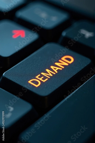 Fototapeta Close-up view of a keyboard with the word 'demand' highlighted