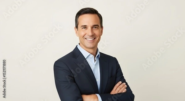 Fototapeta A confident businessman exudes professional charm in a studio portrait, wearing a smart blazer, with a bright smile that captures approachability and leadership.