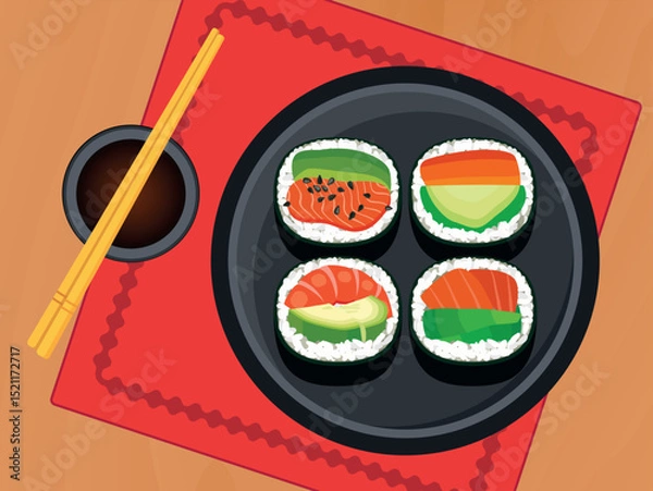 Fototapeta Sushi rolls on a plate top view vector illustration. Sushi and soy sauce on a wooden table above view vector. Sushi and chopsticks on the table drawing