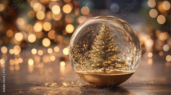 Fototapeta Snow globe featuring a beautifully decorated Christmas tree with warm lights, surrounded by festive decorations and gifts, creating a cozy holiday atmosphere in a charming setting