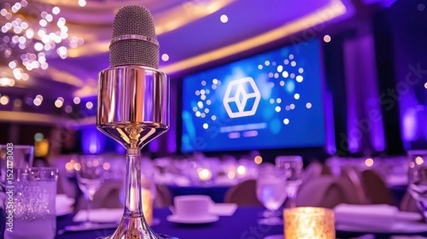 Obraz Microphone stands tall on elegant table at corporate event