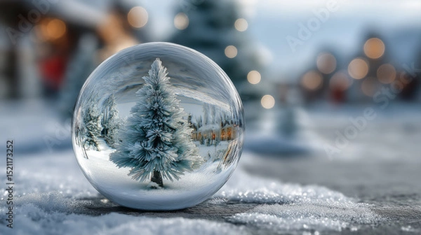 Fototapeta Snow globe featuring a beautifully decorated Christmas tree with warm lights, surrounded by festive decorations and gifts, creating a cozy holiday atmosphere in a charming setting