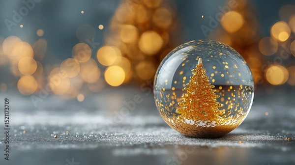 Fototapeta Snow globe featuring a beautifully decorated Christmas tree with warm lights, surrounded by festive decorations and gifts, creating a cozy holiday atmosphere in a charming setting
