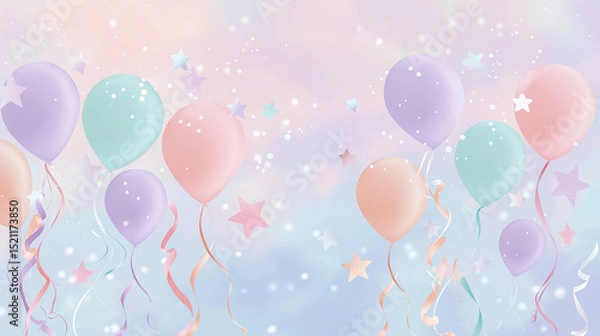 Fototapeta Colorful balloons in pastel shades float against a dreamy blue background, surrounded by sparkling stars and festive ribbons, creating a joyful celebration atmosphere