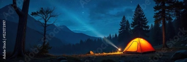 Fototapeta A lone flashlight beam cuts through the dark night at a campsite, illuminating trees and a tent Perfect for illustrating camping adventures and outdoor gear , stargazing, peace