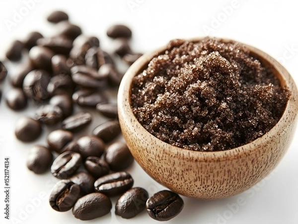 Fototapeta Coffee beans and brown sugar scrub in a wooden bowl on a white surface close up studio shot still life