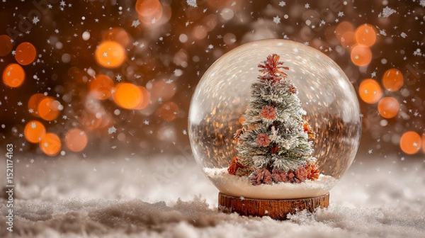 Fototapeta Snow globe featuring a beautifully decorated Christmas tree with warm lights, surrounded by festive decorations and gifts, creating a cozy holiday atmosphere in a charming setting