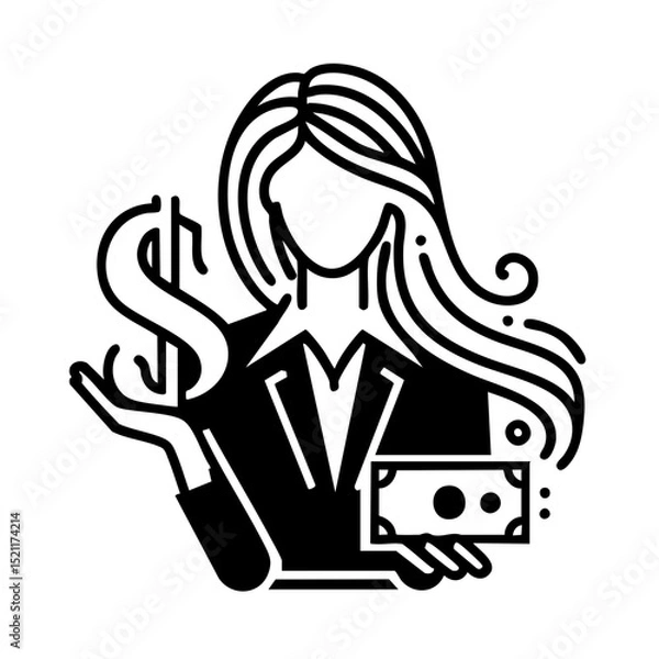Fototapeta Elegant businesswoman with currency in line drawing style in monochrome representing financial success