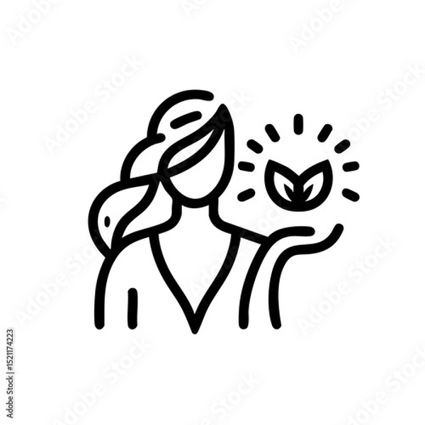 Fototapeta Minimalist line drawing of woman with plant in hands in monochrome symbolizing well-being and growth