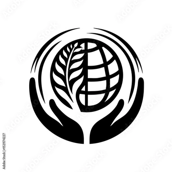 Fototapeta Monochrome globe and hands logo in minimalist style representing environmental care and global cooperation