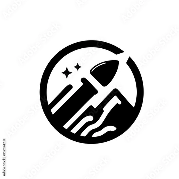 Fototapeta Graphic rocket and mountain logo in black and white symbolizing ambition and achievement with copy space