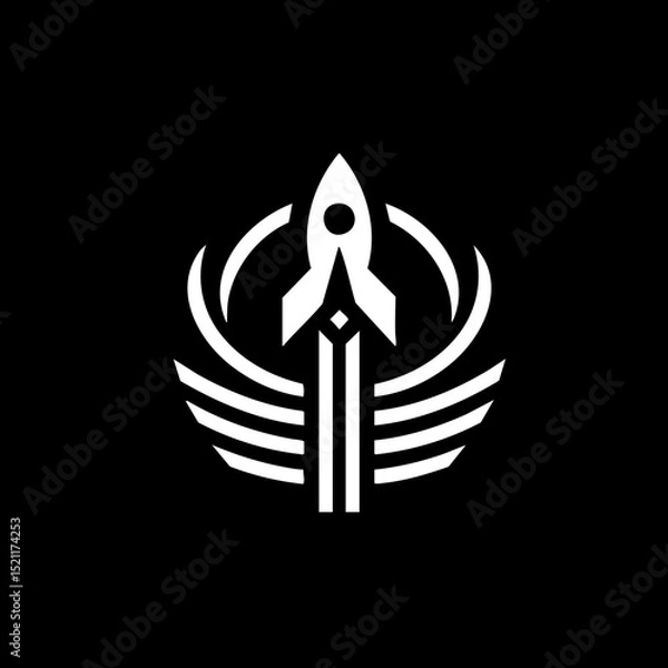 Fototapeta Stylized rocket logo in minimalist style in black and white representing innovation and progress with copy space
