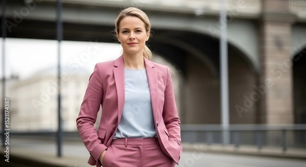 Fototapeta A confident woman in a stylish pink suit stands with poised elegance in a modern urban setting, capturing a moment of professional grace.