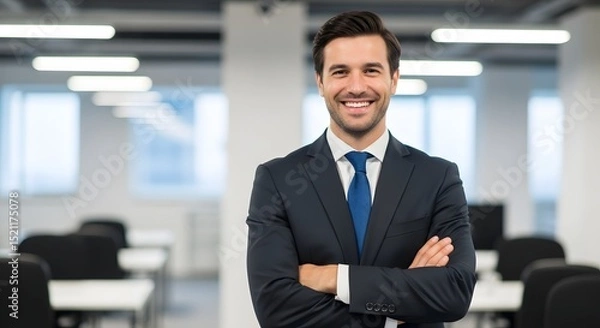 Fototapeta A confident professional man smiles in modern corporate office, exuding charm and poise. A well-dressed man epitomizes success in a business environment.