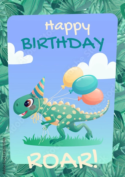 Obraz Happy children's birthday greeting card with a running dinosaur and balloons. The concept of a birthday party, celebration, congratulations, invitations. Vector illustration.