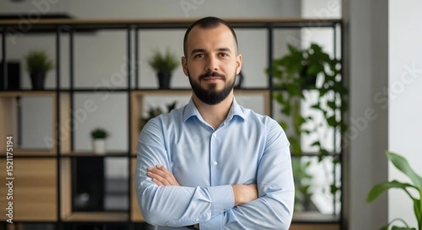 Fototapeta A confident businessman stands in his stylish office space, arms crossed with a composed and professional demeanor. Captured with a candid, authentic approach.
