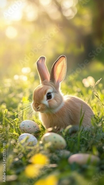 Fototapeta Playful Easter bunny hiding vibrant eggs in a sunlit meadow surrounded by blooming grass and cheerful spring vibes, capturing the joy and magic of seasonal celebration