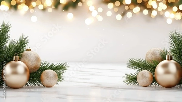 Fototapeta Festive golden christmas ornaments and greenery on marble surface