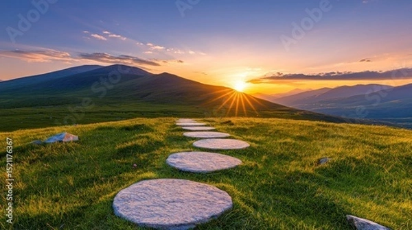 Fototapeta Stepping stone path leading to a vibrant mountain sunrise