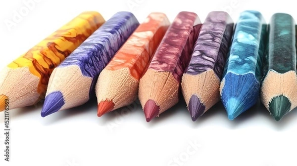 Fototapeta Close up of a row of seven colorful wooden pencils with different shades on a white surface background