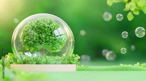 Fototapeta Miniature tree inside a glass dome with floating bubbles
