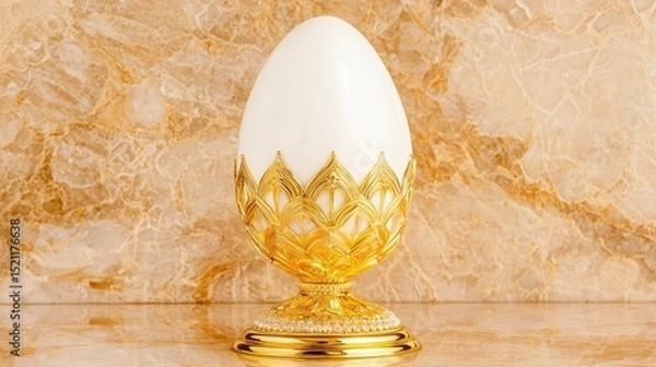 Fototapeta Ornate golden egg is displayed against a marble background