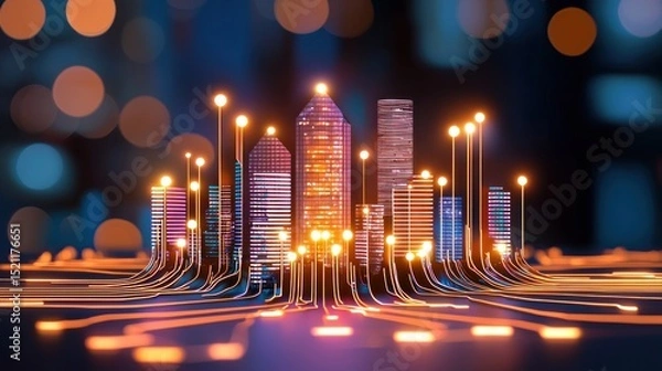 Fototapeta Digital city skyline glows with connectivity and bright illumination