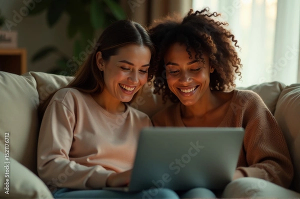 Obraz Two friends sitting on a couch, focused on a laptop screen