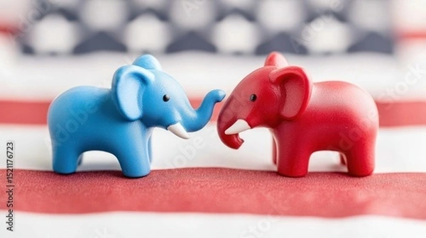 Fototapeta Democratic and republican party elephants facing each other on flag