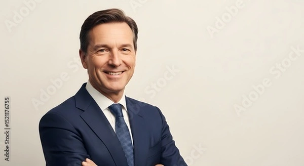 Fototapeta A confident business person in a suit, radiating warmth and success. A striking portrait captures professionalism and approachability.