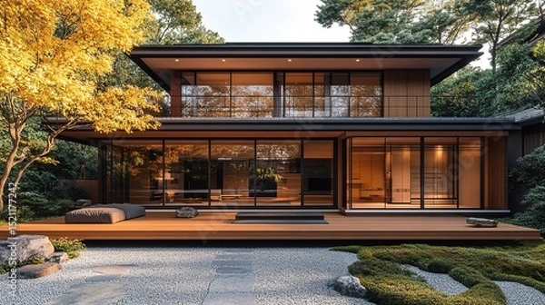 Fototapeta Modern house with nature integration, floor-to-ceiling windows, wooden deck, pebble yard, and trees. Serene architectural design.