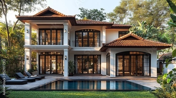 Fototapeta Luxury villa with a private pool invites tranquility. The fusion of modern design and serene nature creates an unforgettable retreat.