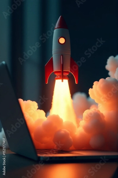 Fototapeta A laptop computer with a rocket emerging from its screen, perfect for futuristic or sci-fi themed projects