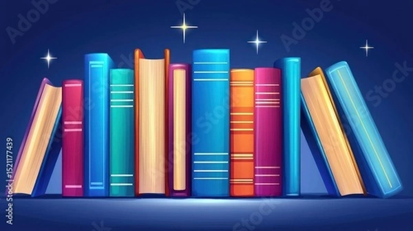Fototapeta Colorful row of books stand upright beneath twinkling stars