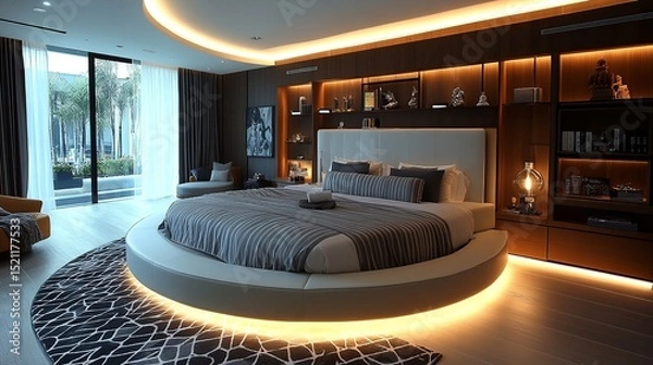 Fototapeta Sleek bedroom with circular bed and accent lighting. A luxurious space with modern touches and a relaxing atmosphere.