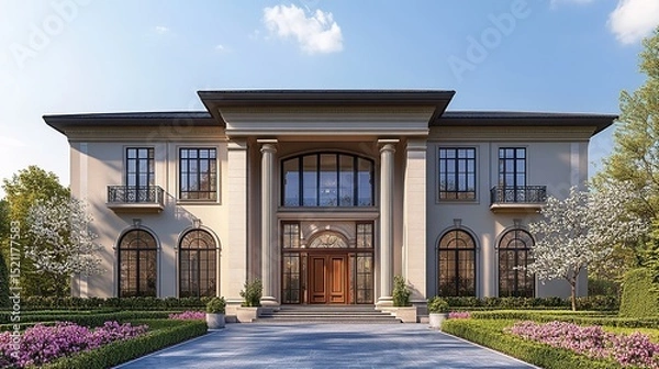 Fototapeta Elegant facade of a stately home with symmetrical design, featuring grand columns, arched windows, and lush landscaping for luxurious living.
