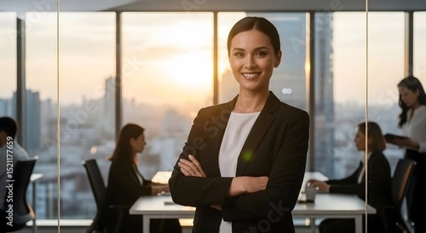 Fototapeta A confident businesswoman in a modern office, gazing directly at the viewer with an air of expertise, leadership, and poise.