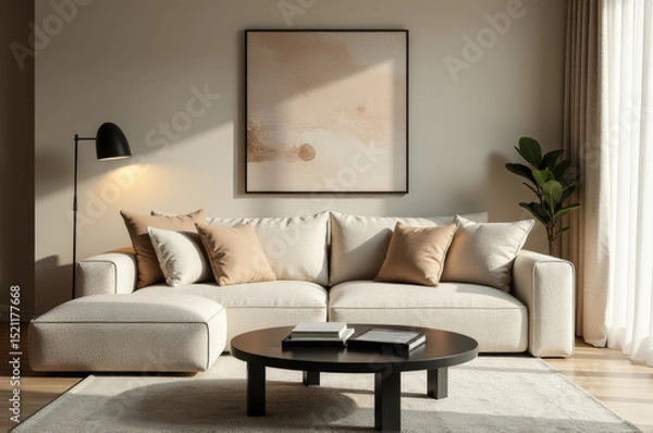 Obraz A comfortable living room with a couch and coffee table, perfect for relaxation or entertaining